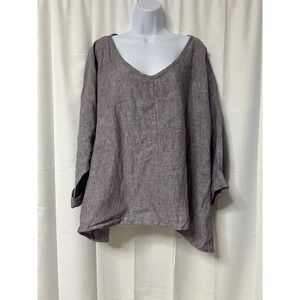Flax Linen Top 1G Purple V Neck Relaxed Lagenlook Coastal Oversized